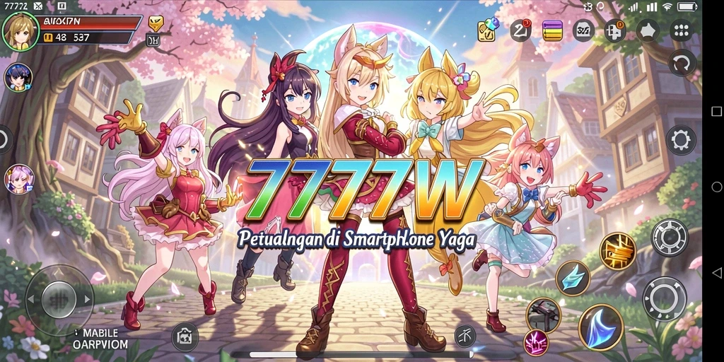Tampilan gameplay <strong>7777W</strong> yang penuh aksi dan karakter anime ikonik.