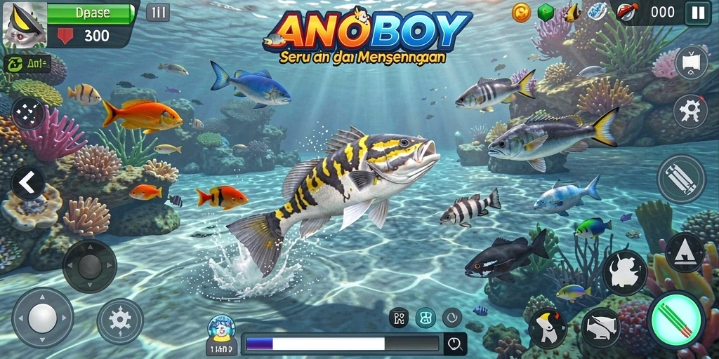 Tampilan gameplay seru pada ANOBOY dengan ikan berwarna-warni.