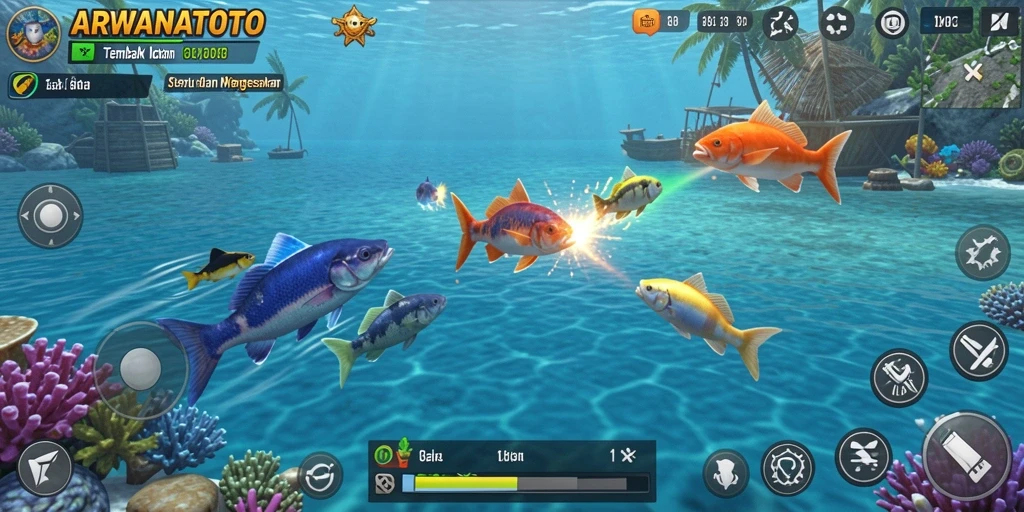 Screenshot gameplay ARWANATOTO menampilkan aksi menembak ikan yang seru.