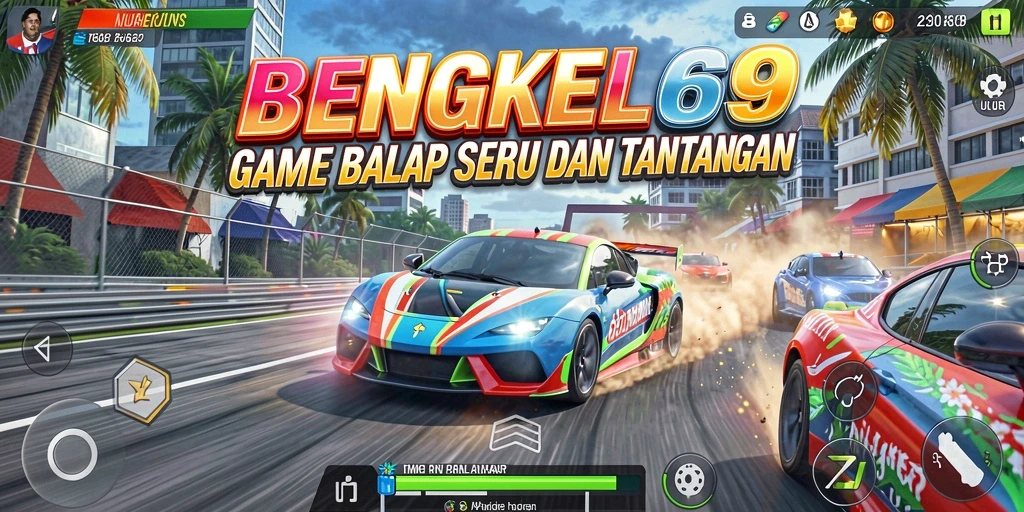Tampilan gameplay menegangkan dan seru dari BENGKEL69 yang penuh aksi balap.