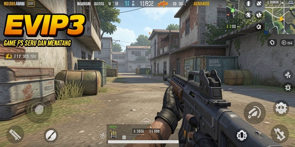 Tangkapan layar gameplay EVIP3 dengan aksi tembak-menembak yang mendebarkan.