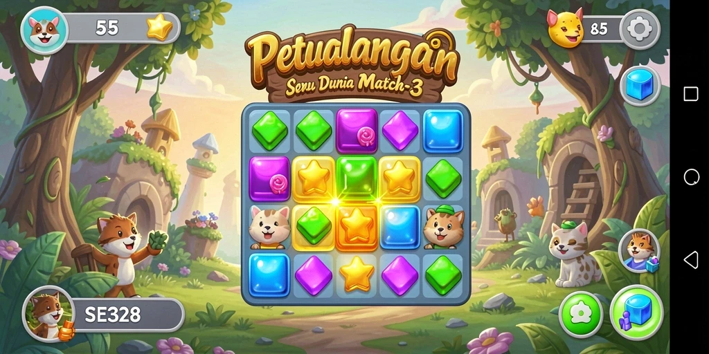 Tampilan menarik dalam permainan SE328 dengan gameplay Match-3 yang menyenangkan.