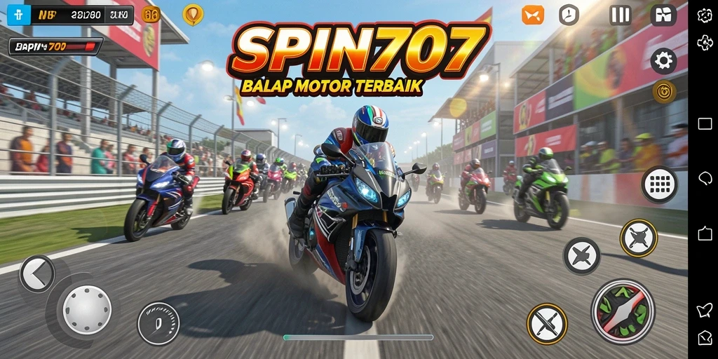 Tangkapan layar SPIN707 menampilkan aksi balapan motor yang intens.