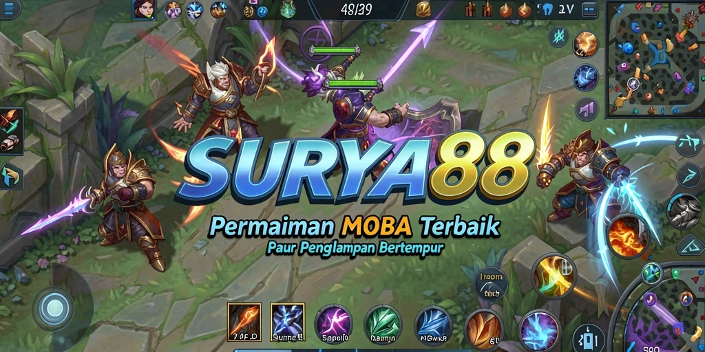 Tampilan gameplay SURYA88 dengan pertarungan seru antar karakter MOBA.
